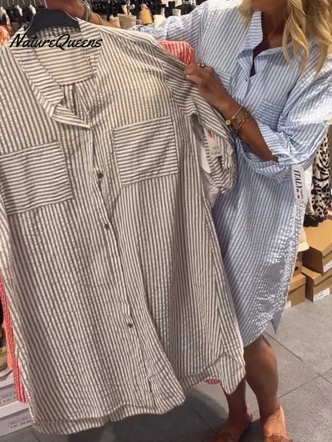 Women's Lapel Three-quarter Sleeve Stripe Print Loose Casual Shirt Cardigan Cotton Dress