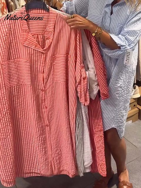 Women's Lapel Three-quarter Sleeve Stripe Print Loose Casual Shirt Cardigan Cotton Dress