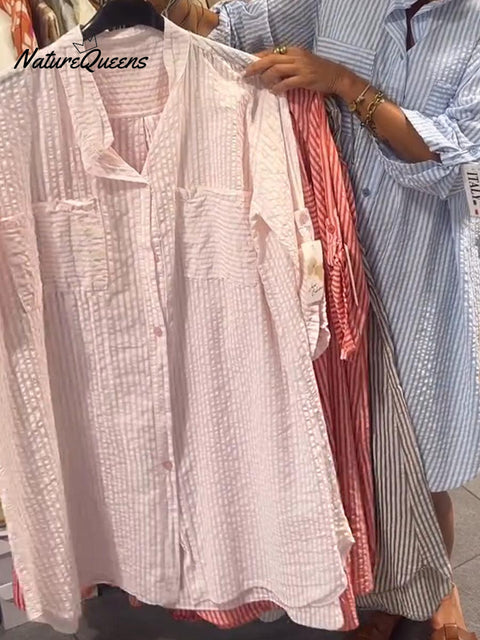 Women's Lapel Three-quarter Sleeve Stripe Print Loose Casual Shirt Cardigan Cotton Dress