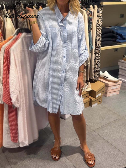 Women's Lapel Three-quarter Sleeve Stripe Print Loose Casual Shirt Cardigan Cotton Dress