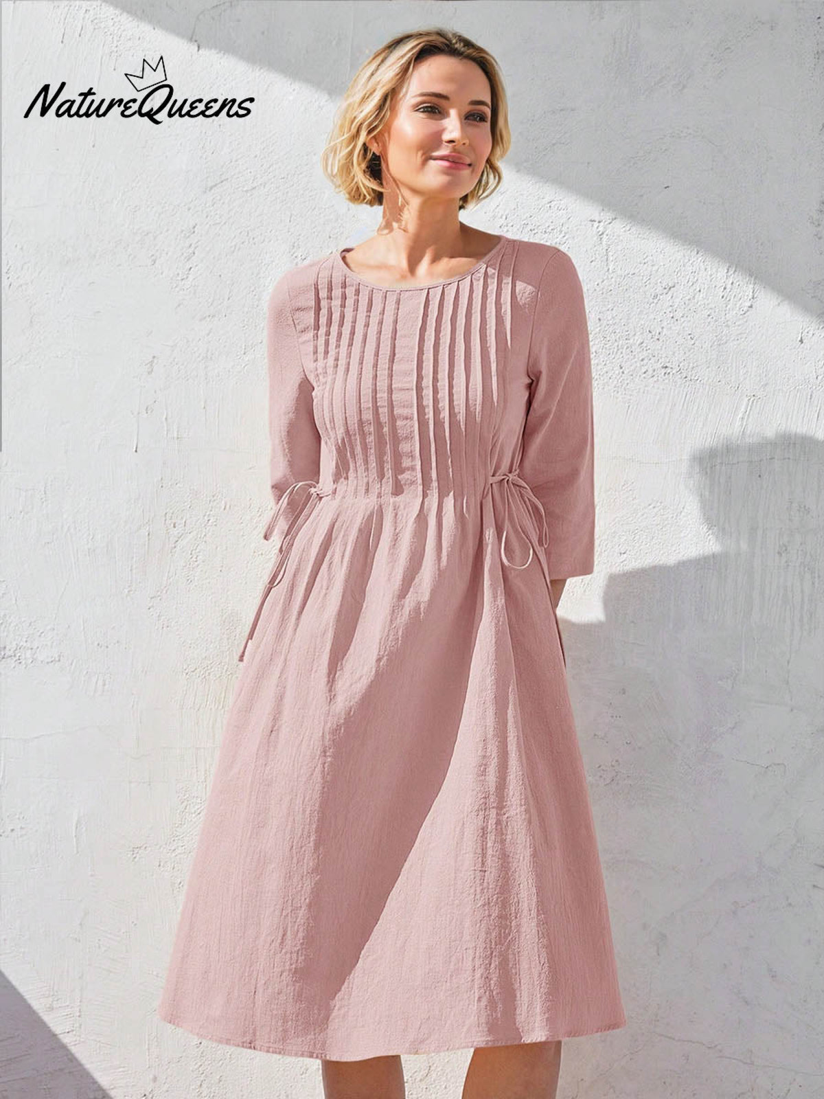 Women's Solid Color Round Neck Three-quarter Sleeve Drawstring Casual Cotton and Linen Dress