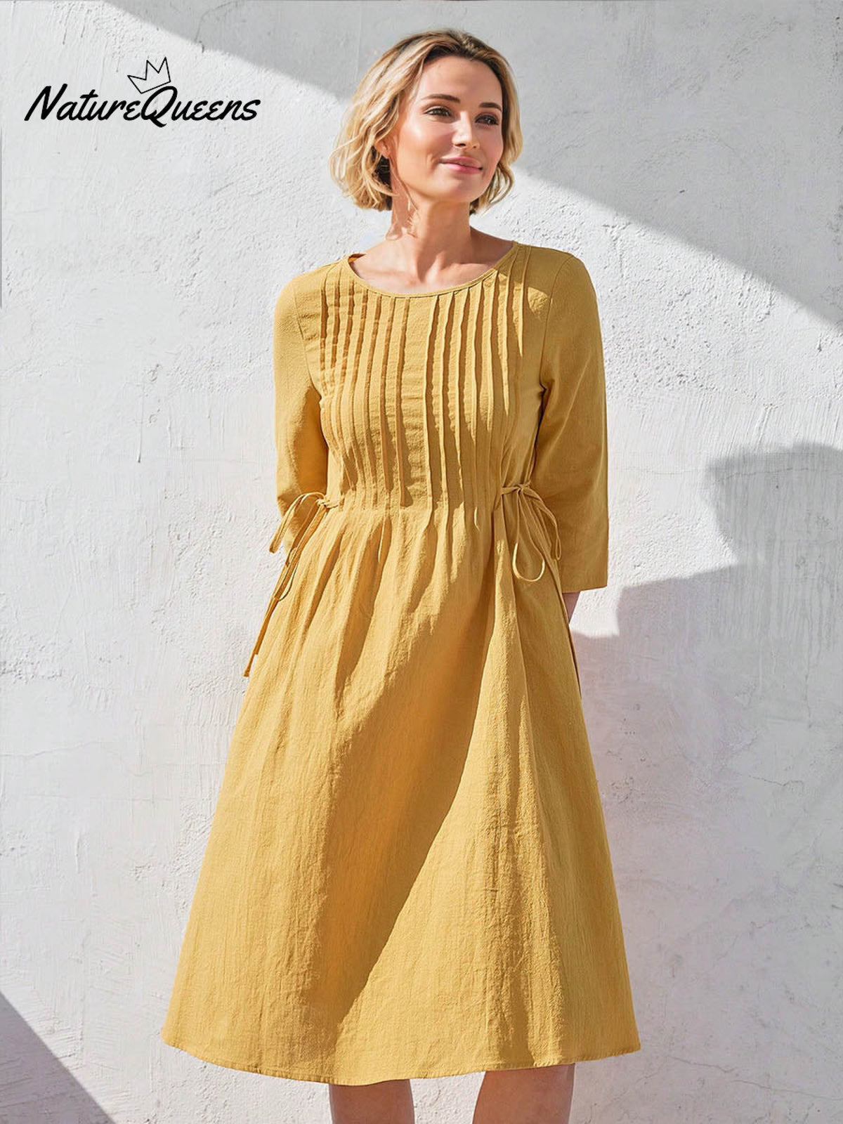 Women's Solid Color Round Neck Three-quarter Sleeve Drawstring Casual Cotton and Linen Dress