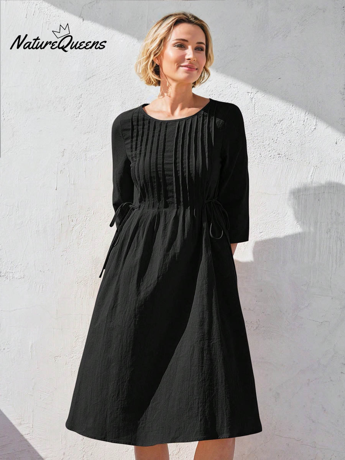 Women's Solid Color Round Neck Three-quarter Sleeve Drawstring Casual Cotton and Linen Dress