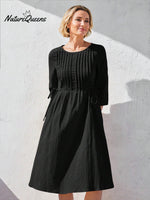 Women's Solid Color Round Neck Three-quarter Sleeve Drawstring Casual Cotton and Linen Dress
