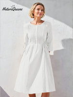Women's Solid Color Round Neck Three-quarter Sleeve Drawstring Casual Cotton and Linen Dress
