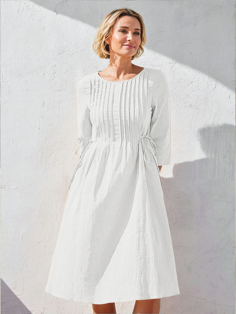 Women's Solid Color Round Neck Three-quarter Sleeve Drawstring Casual Cotton and Linen Dress