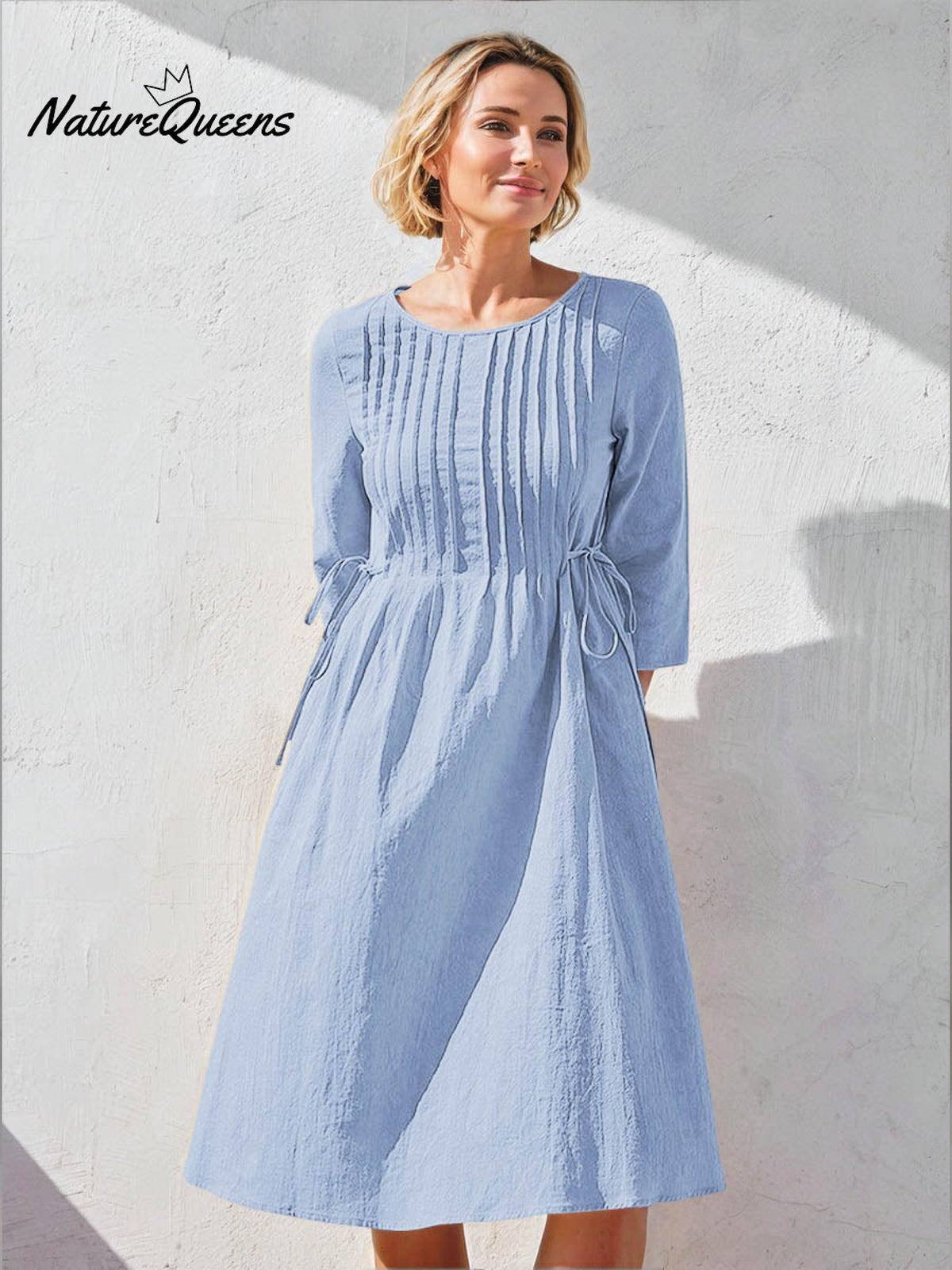 Women's Solid Color Round Neck Three-quarter Sleeve Drawstring Casual Cotton and Linen Dress