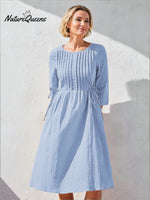 Women's Solid Color Round Neck Three-quarter Sleeve Drawstring Casual Cotton and Linen Dress