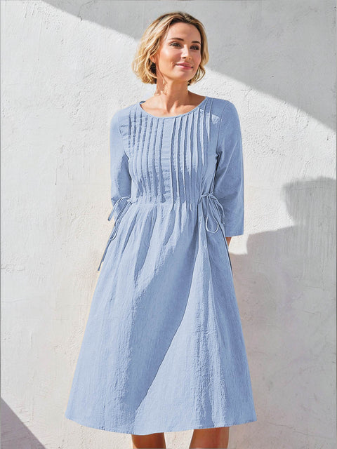 Women's Solid Color Round Neck Three-quarter Sleeve Drawstring Casual Cotton and Linen Dress