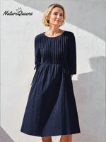 Women's Solid Color Round Neck Three-quarter Sleeve Drawstring Casual Cotton and Linen Dress