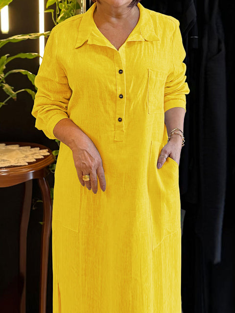 Women's Solid Color Shirt Collar Long Sleeves Casual Cotton and Linen Loose Dress