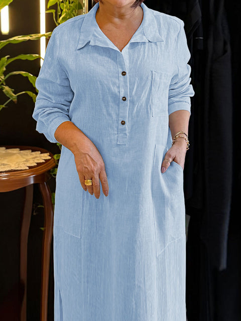 Women's Solid Color Shirt Collar Long Sleeves Casual Cotton and Linen Loose Dress
