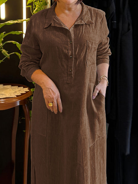 Women's Solid Color Shirt Collar Long Sleeves Casual Cotton and Linen Loose Dress