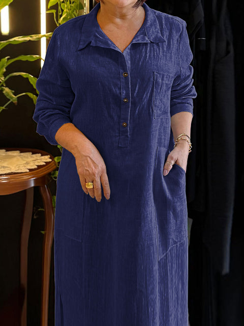 Women's Solid Color Shirt Collar Long Sleeves Casual Cotton and Linen Loose Dress