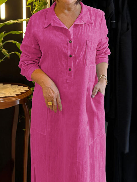 Women's Solid Color Shirt Collar Long Sleeves Casual Cotton and Linen Loose Dress