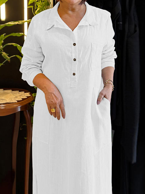 Women's Solid Color Shirt Collar Long Sleeves Casual Cotton and Linen Loose Dress