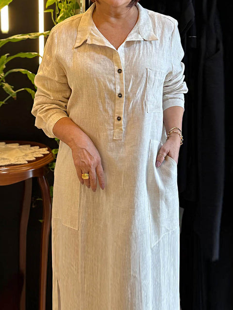 Women's Solid Color Shirt Collar Long Sleeves Casual Cotton and Linen Loose Dress