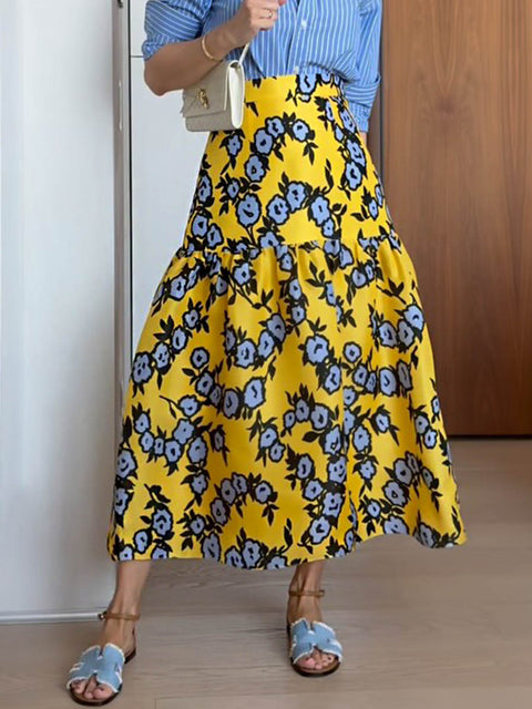 Women's High Waist Floral Print Casual Cotton Skirt