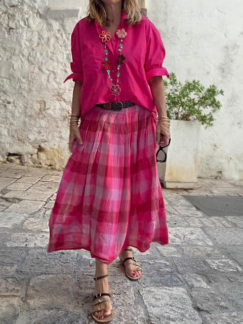 Women Solid Color Lapel Long Sleeve Cotton Shirt High Waist Check Print Casual Cotton Skirt Set