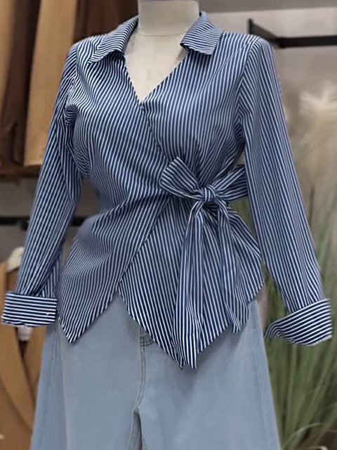 Women's Lapel Stripe Print Lace-up Casual Long Sleeve Cotton Shirt