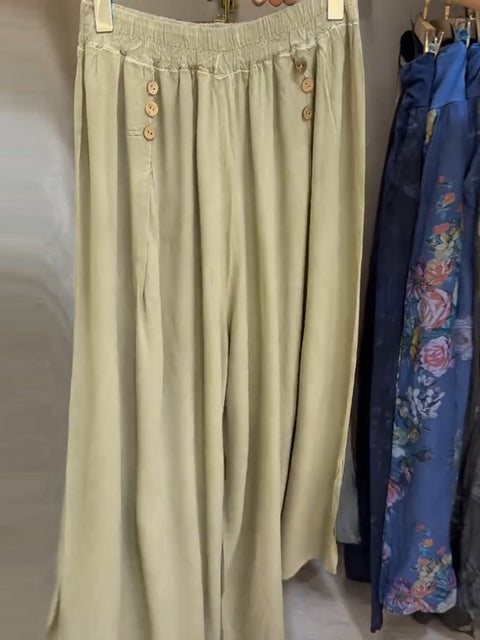 Women's Solid Color Elastic Waist Casual Cotton and Linen Cropped Wide Leg Pants