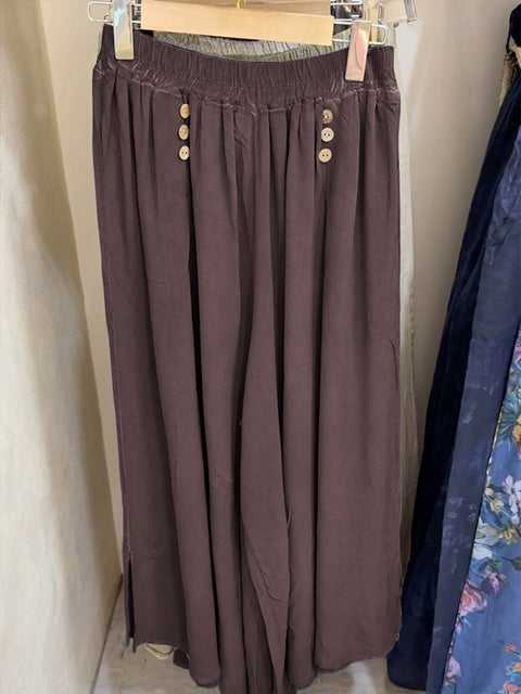 Women's Solid Color Elastic Waist Casual Cotton and Linen Cropped Wide Leg Pants