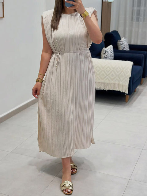 Women's Solid Color Round Neck Sleeveless Pleated Lace-Up Dress