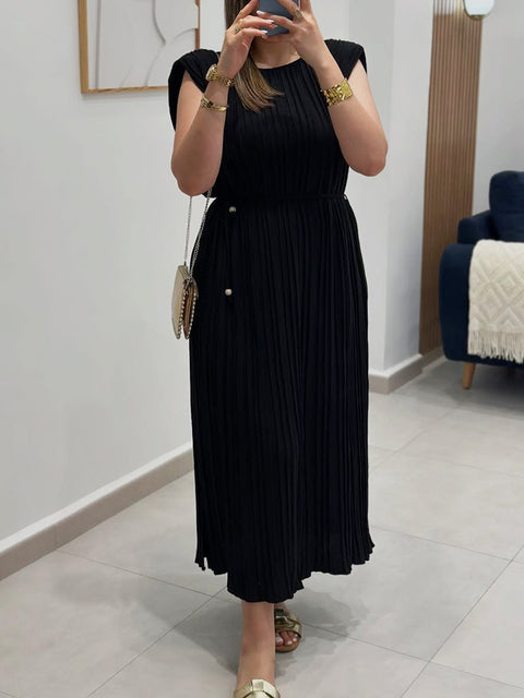 Women's Solid Color Round Neck Sleeveless Pleated Lace-Up Dress