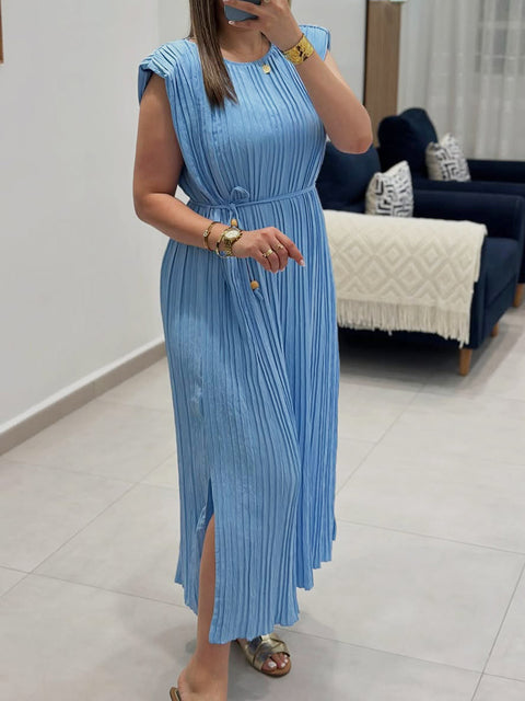 Women's Solid Color Round Neck Sleeveless Pleated Lace-Up Dress