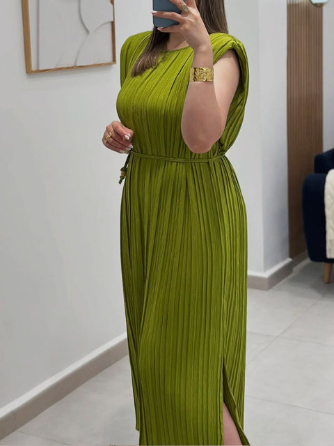 Women's Solid Color Round Neck Sleeveless Pleated Lace-Up Dress