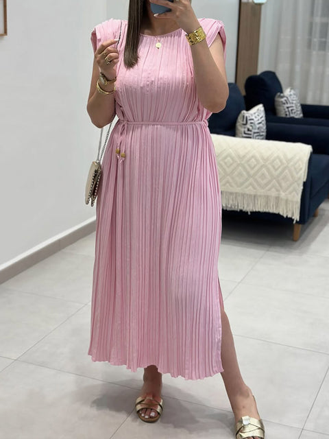 Women's Solid Color Round Neck Sleeveless Pleated Lace-Up Dress
