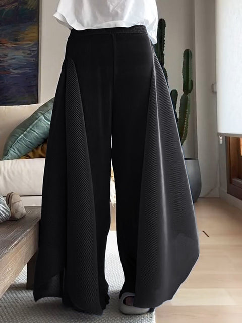 Women's Solid Color Elastic Waist Casual Pleated Wide Leg Pants