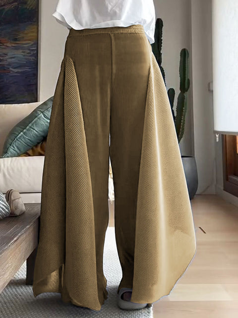 Women's Solid Color Elastic Waist Casual Pleated Wide Leg Pants