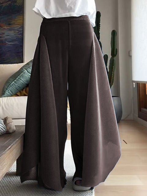 Women's Solid Color Elastic Waist Casual Pleated Wide Leg Pants