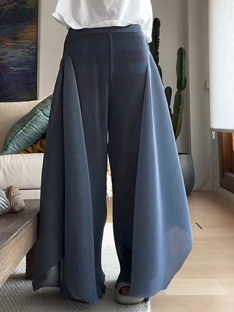 Women's Solid Color Elastic Waist Casual Pleated Wide Leg Pants