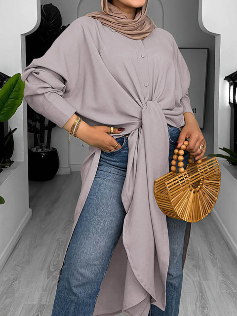 Women's Solid Color Lapel Long Sleeve Casual Cotton Slit Long Shirt
