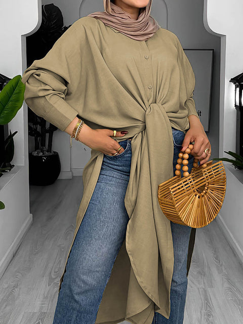 Women's Solid Color Lapel Long Sleeve Casual Cotton Slit Long Shirt