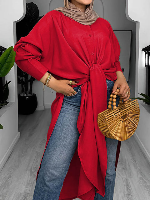 Women's Solid Color Lapel Long Sleeve Casual Cotton Slit Long Shirt