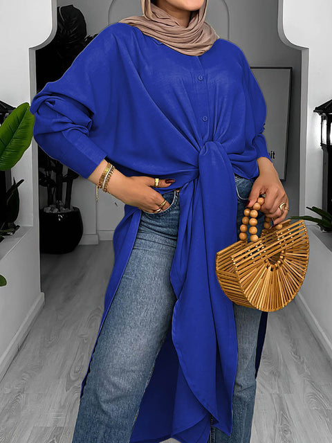 Women's Solid Color Lapel Long Sleeve Casual Cotton Slit Long Shirt