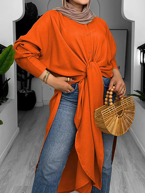 Women's Solid Color Lapel Long Sleeve Casual Cotton Slit Long Shirt