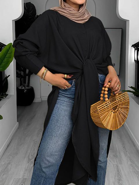 Women's Solid Color Lapel Long Sleeve Casual Cotton Slit Long Shirt