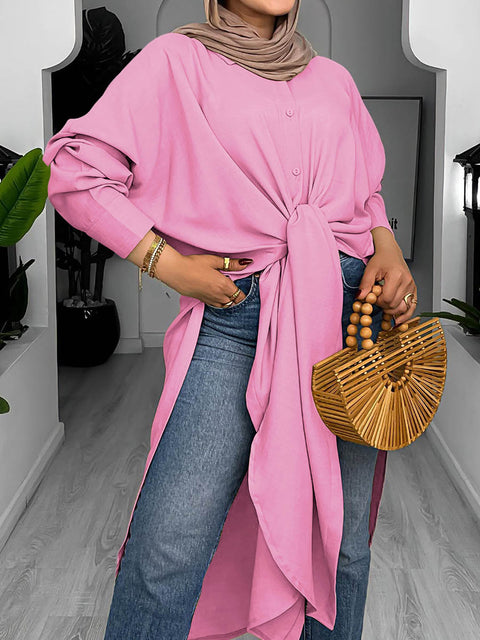 Women's Solid Color Lapel Long Sleeve Casual Cotton Slit Long Shirt
