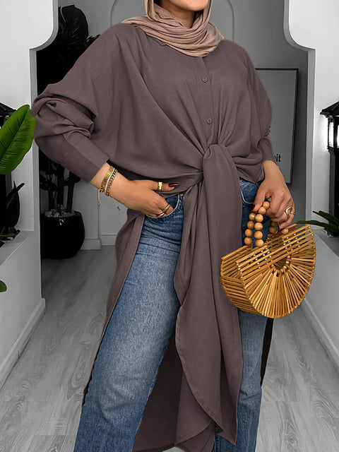 Women's Solid Color Lapel Long Sleeve Casual Cotton Slit Long Shirt