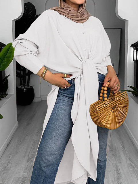 Women's Solid Color Lapel Long Sleeve Casual Cotton Slit Long Shirt
