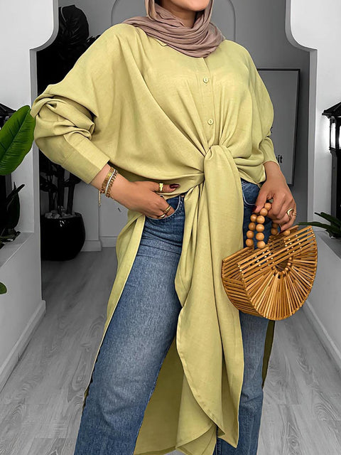 Women's Solid Color Lapel Long Sleeve Casual Cotton Slit Long Shirt