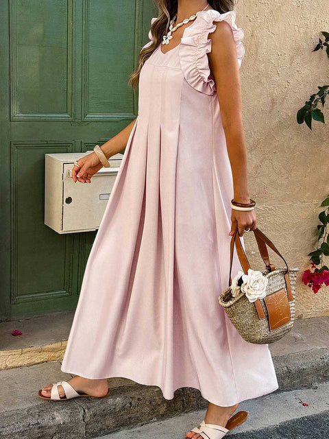 Women's Solid Color V-Neck Sleeveless Pleated Casual Cotton Dress