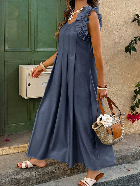 Women's Solid Color V-Neck Sleeveless Pleated Casual Cotton Dress