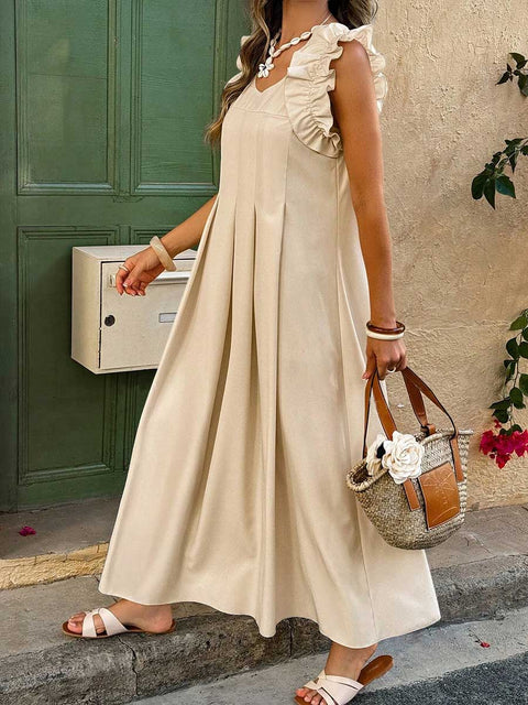 Women's Solid Color V-Neck Sleeveless Pleated Casual Cotton Dress