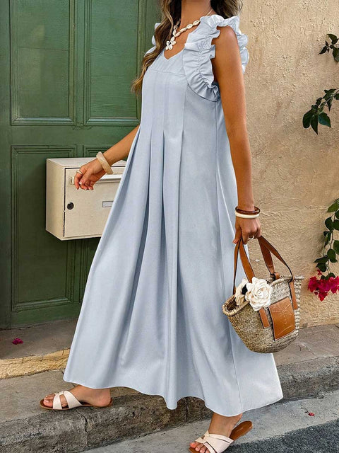Women's Solid Color V-Neck Sleeveless Pleated Casual Cotton Dress