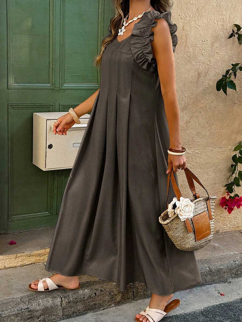 Women's Solid Color V-Neck Sleeveless Pleated Casual Cotton Dress